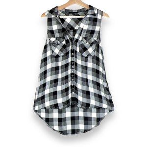 Rock & Republic Womens Flannel Shirt Medium Black and White Sleeveless 90s Retro